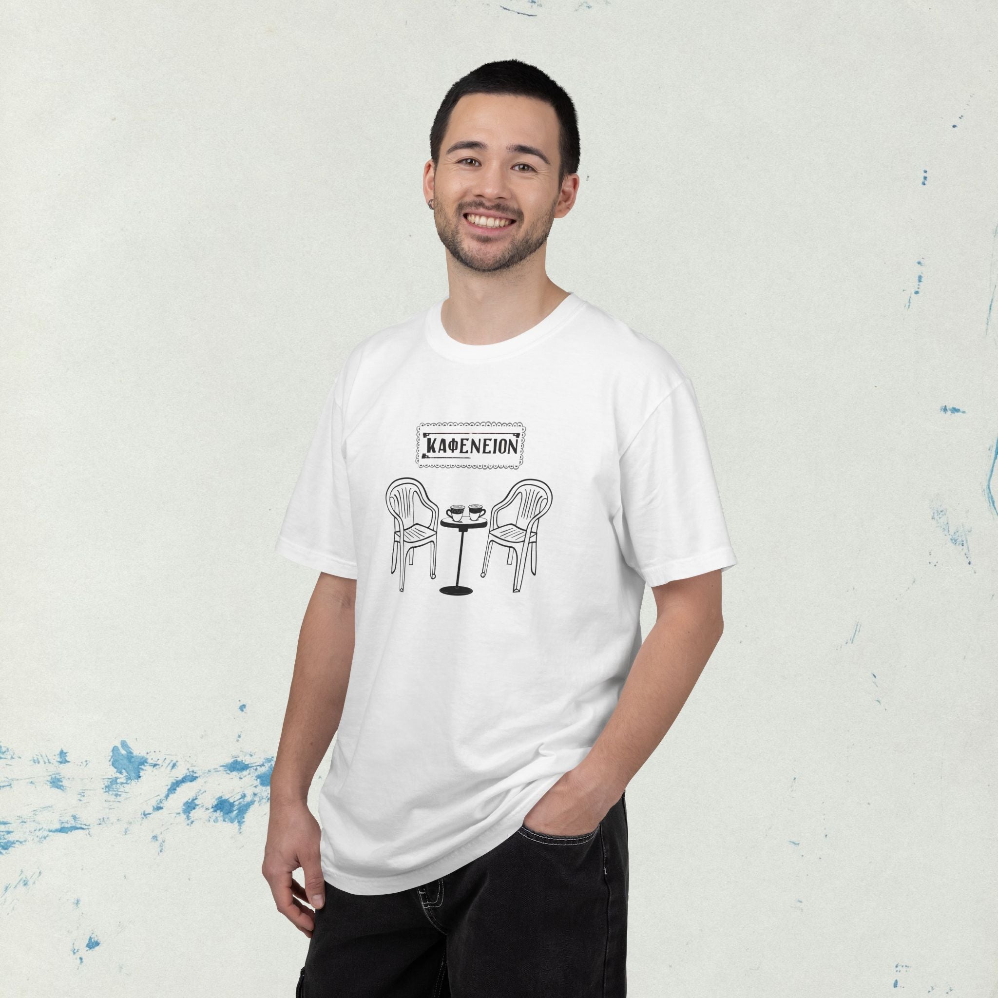 Greek Kafenion Café Illustration T-Shirt | Coffee Table Chairs Back Print