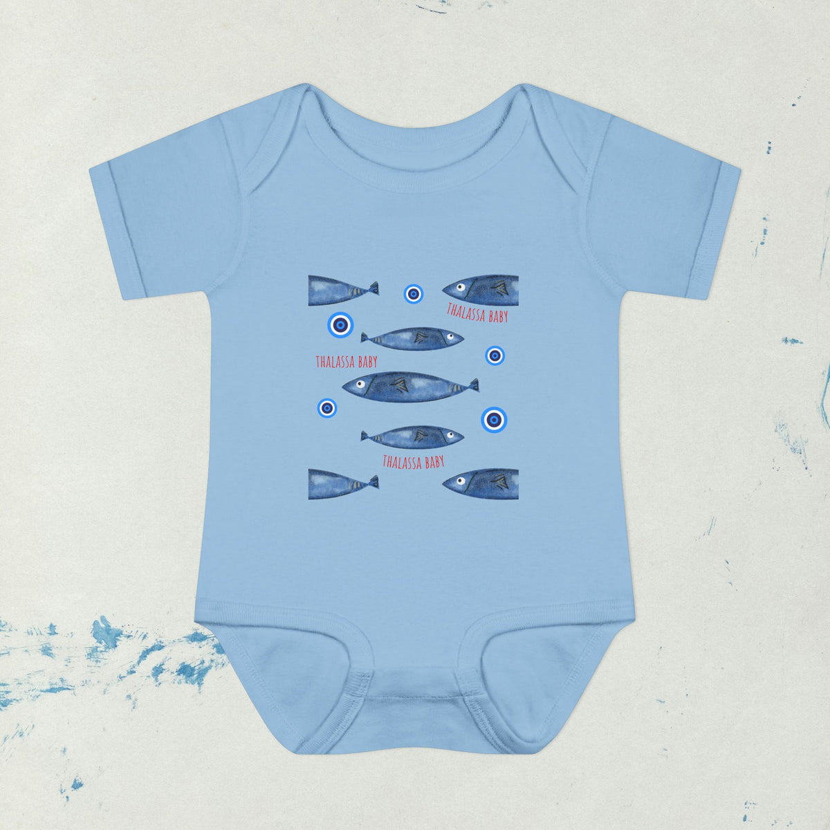 Sardine Pattern Sea print with Mati, evil eye bubbles Infant Bodysuit | Nautical Fish Graphic Baby Onesie