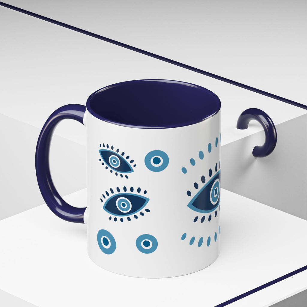 Greek Evil Eye Coffee Mug, Protection Charm Cup, Blue and White Ceramic Tea Mug, Greek Gift, Mati, Kitchen Decor