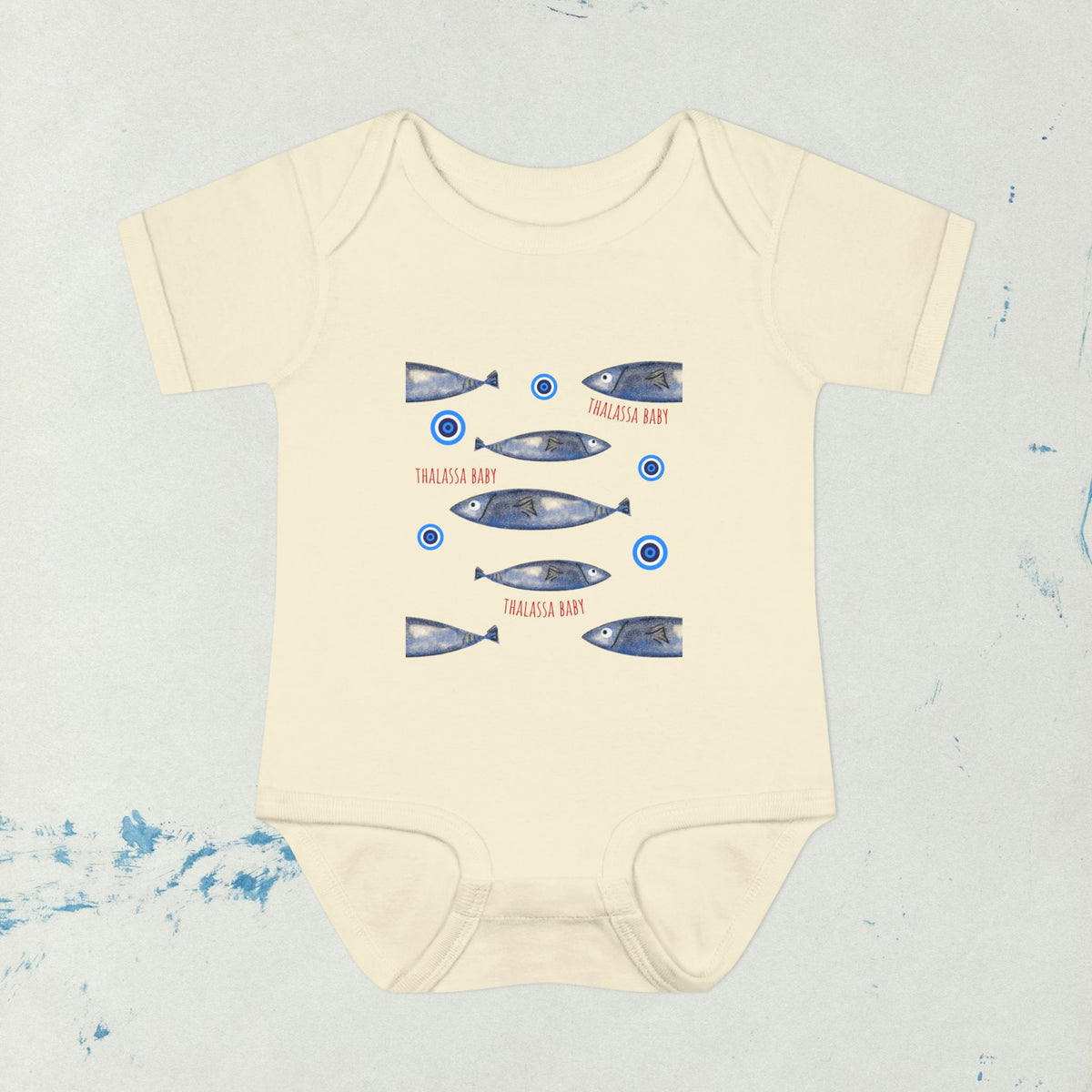 Sardine Pattern Sea print with Mati, evil eye bubbles Infant Bodysuit | Nautical Fish Graphic Baby Onesie