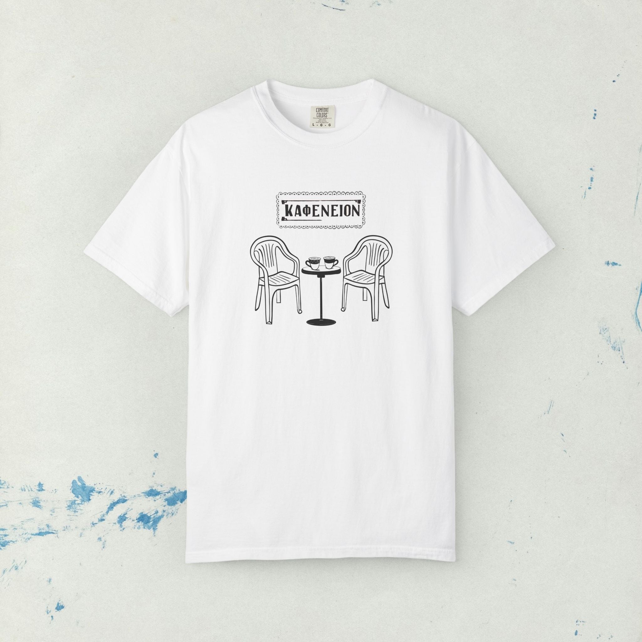 Greek Kafenion Café Illustration T-Shirt | Coffee Table Chairs Back Print