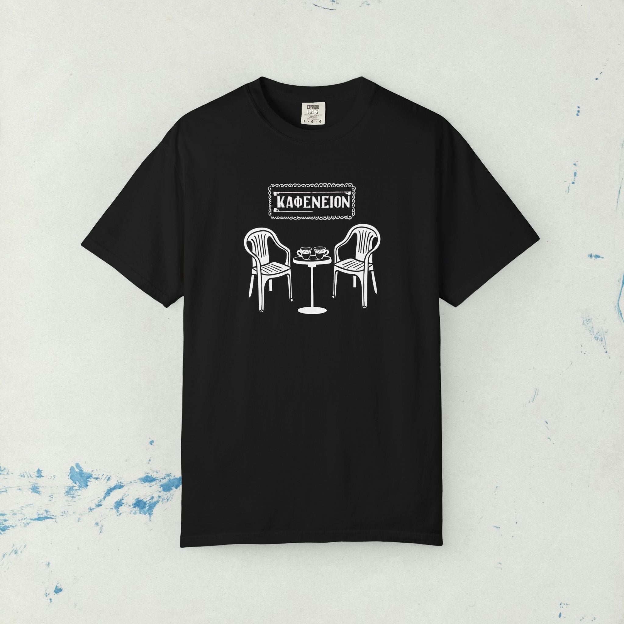 Greek Kafenion Café Illustration T-Shirt | Coffee Table Chairs Back Print