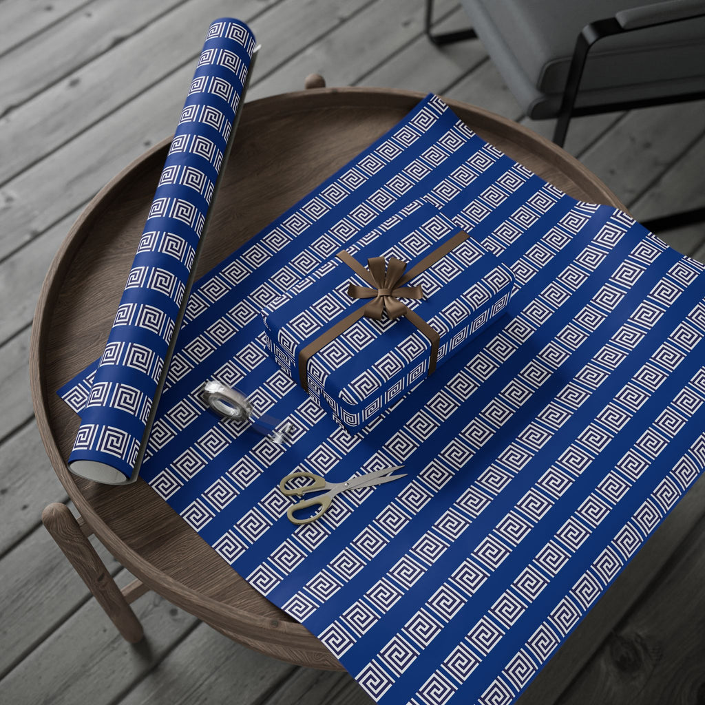 Greek Key Blue Wrapping Paper Roll — Geometric Gift Wrap for Birthdays & Weddings