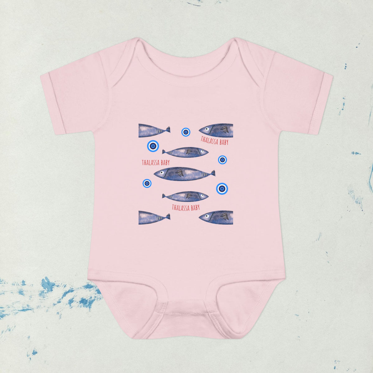 Sardine Pattern Sea print with Mati, evil eye bubbles Infant Bodysuit | Nautical Fish Graphic Baby Onesie