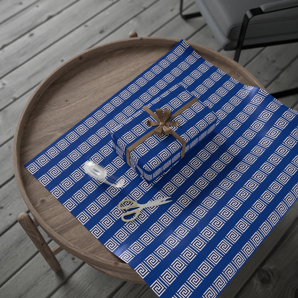 Greek Key Blue Wrapping Paper Roll — Geometric Gift Wrap for Birthdays & Weddings