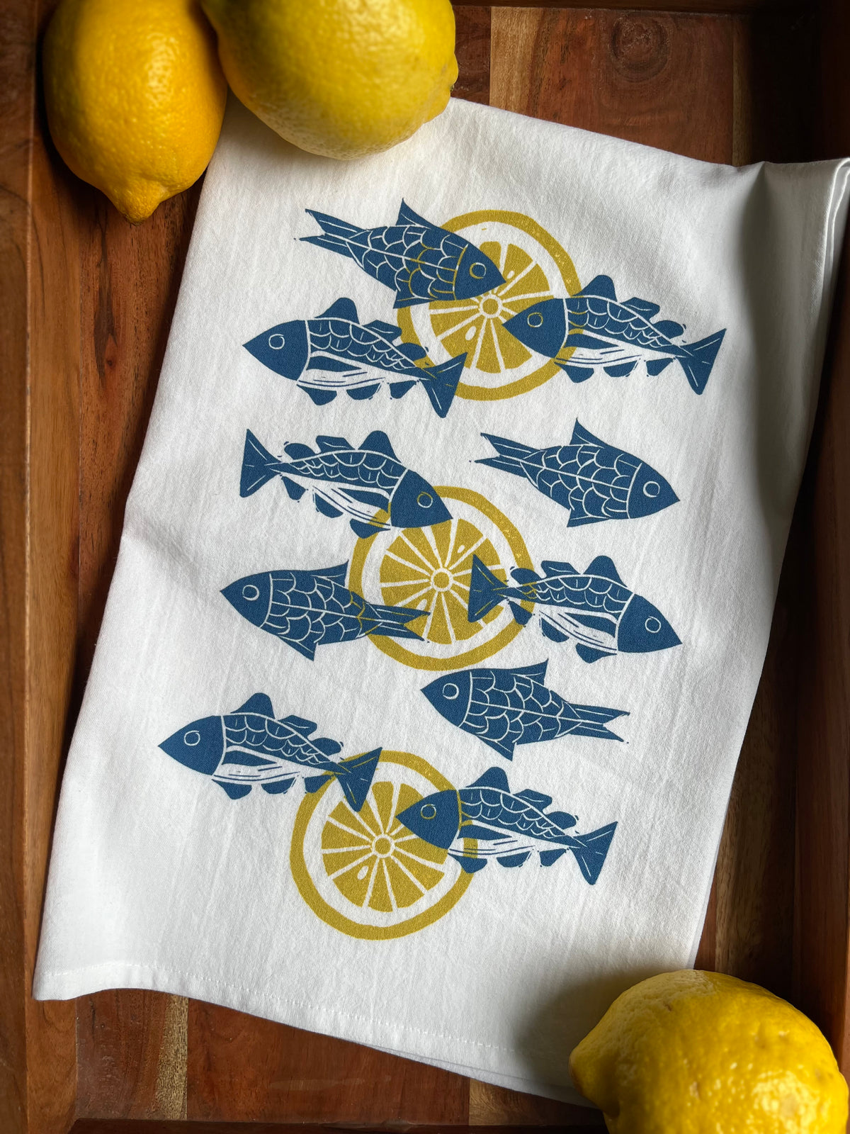 Blue Fish & Lemon Tea Towel - Hand-Carved Linocut