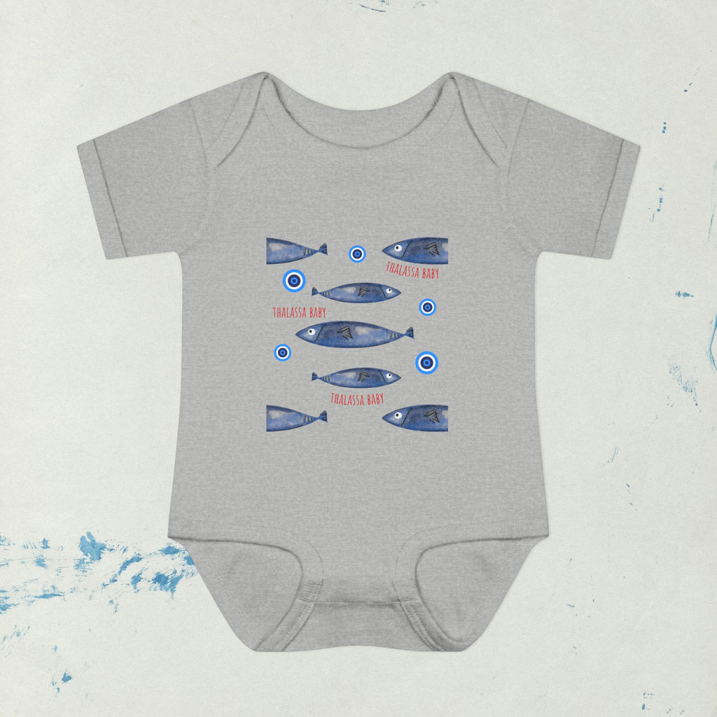 Sardine Pattern Sea print with Mati, evil eye bubbles Infant Bodysuit | Nautical Fish Graphic Baby Onesie