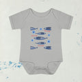 Sardine Pattern Sea print with Mati, evil eye bubbles Infant Bodysuit | Nautical Fish Graphic Baby Onesie