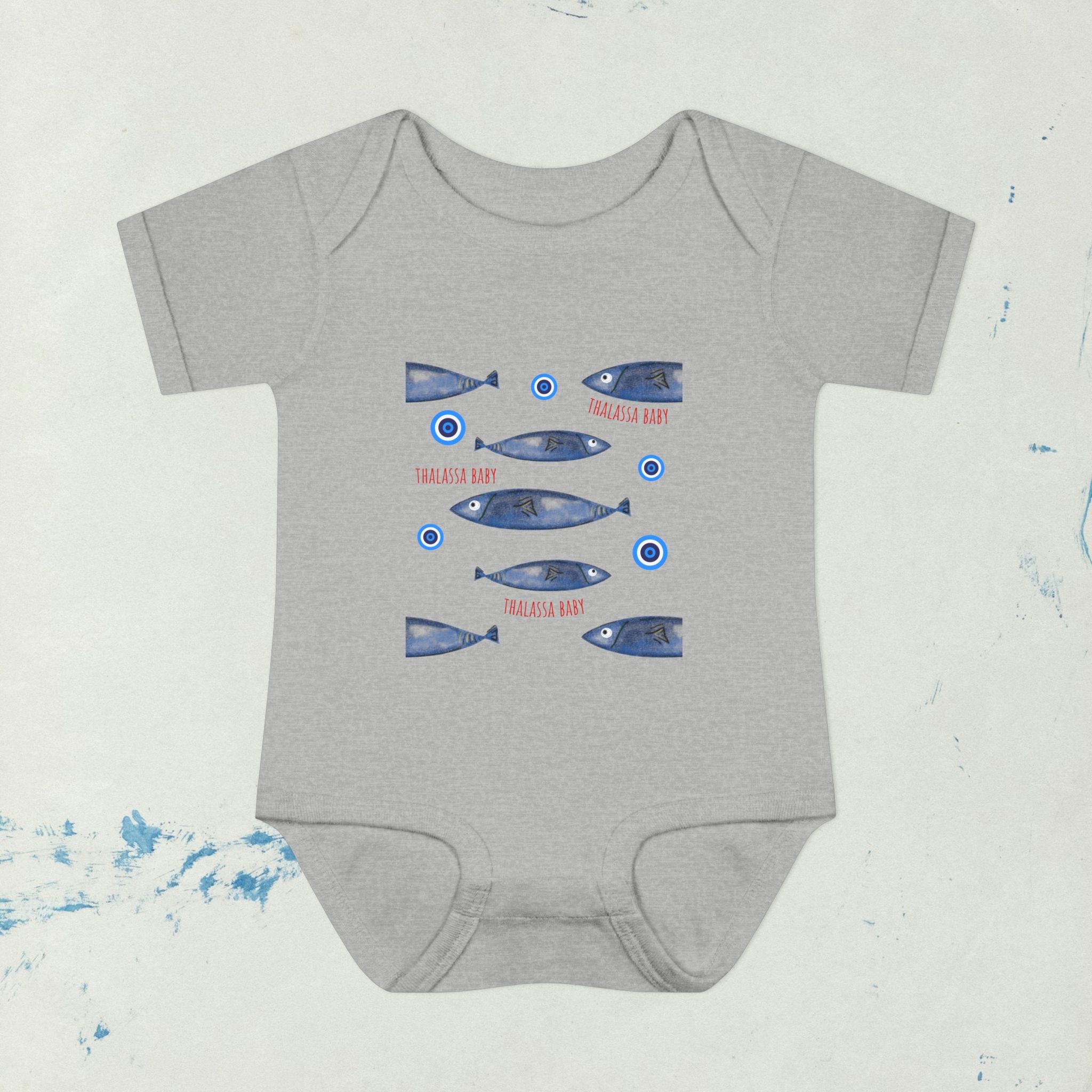 Sardine Pattern Sea print with Mati, evil eye bubbles Infant Bodysuit | Nautical Fish Graphic Baby Onesie