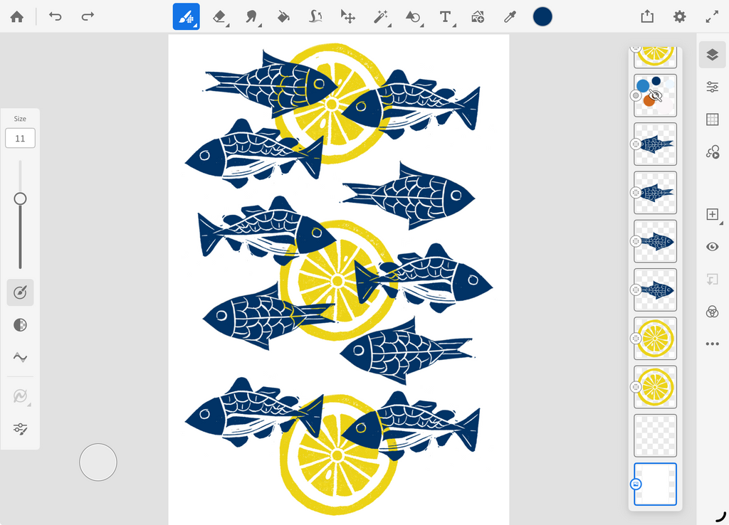 Blue Fish & Lemon Tea Towel - Hand-Carved Linocut