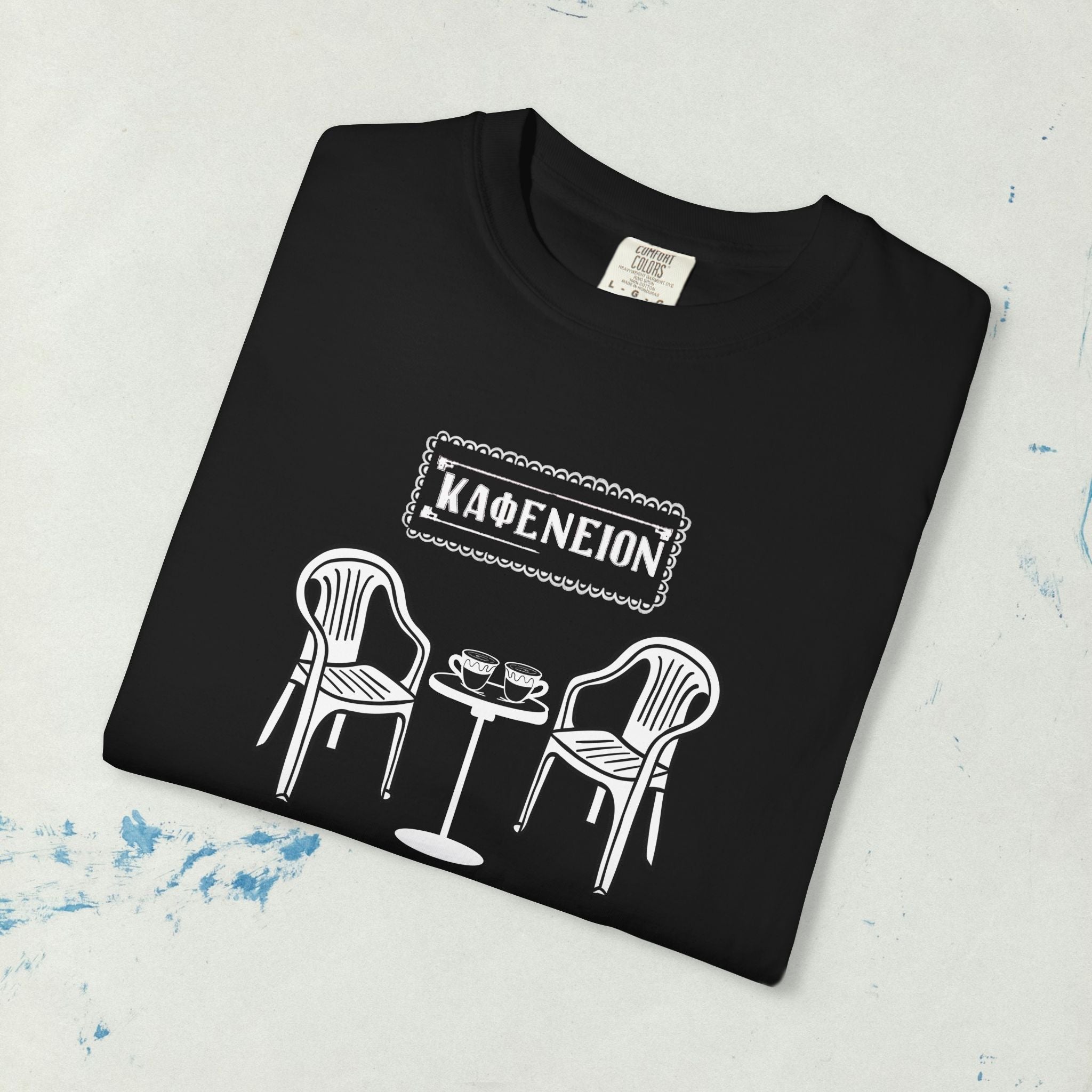 Greek Kafenion Café Illustration T-Shirt | Coffee Table Chairs Back Print