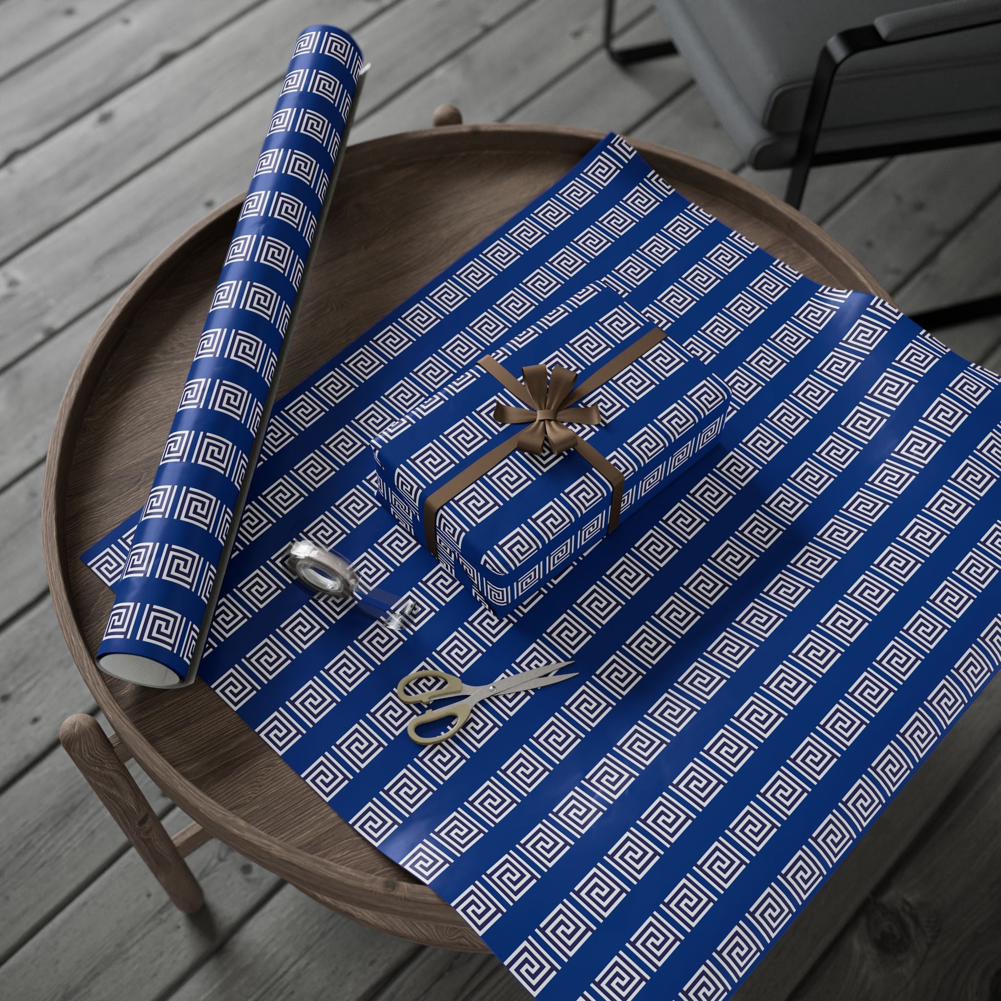 Greek Key Blue Wrapping Paper Roll — Geometric Gift Wrap for Birthdays & Weddings