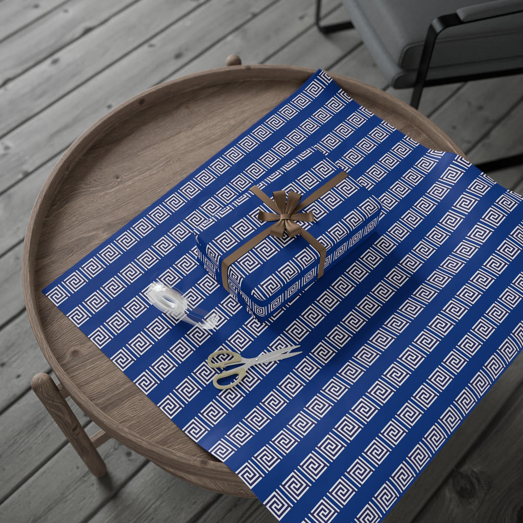 Greek Key Blue Wrapping Paper Roll — Geometric Gift Wrap for Birthdays & Weddings