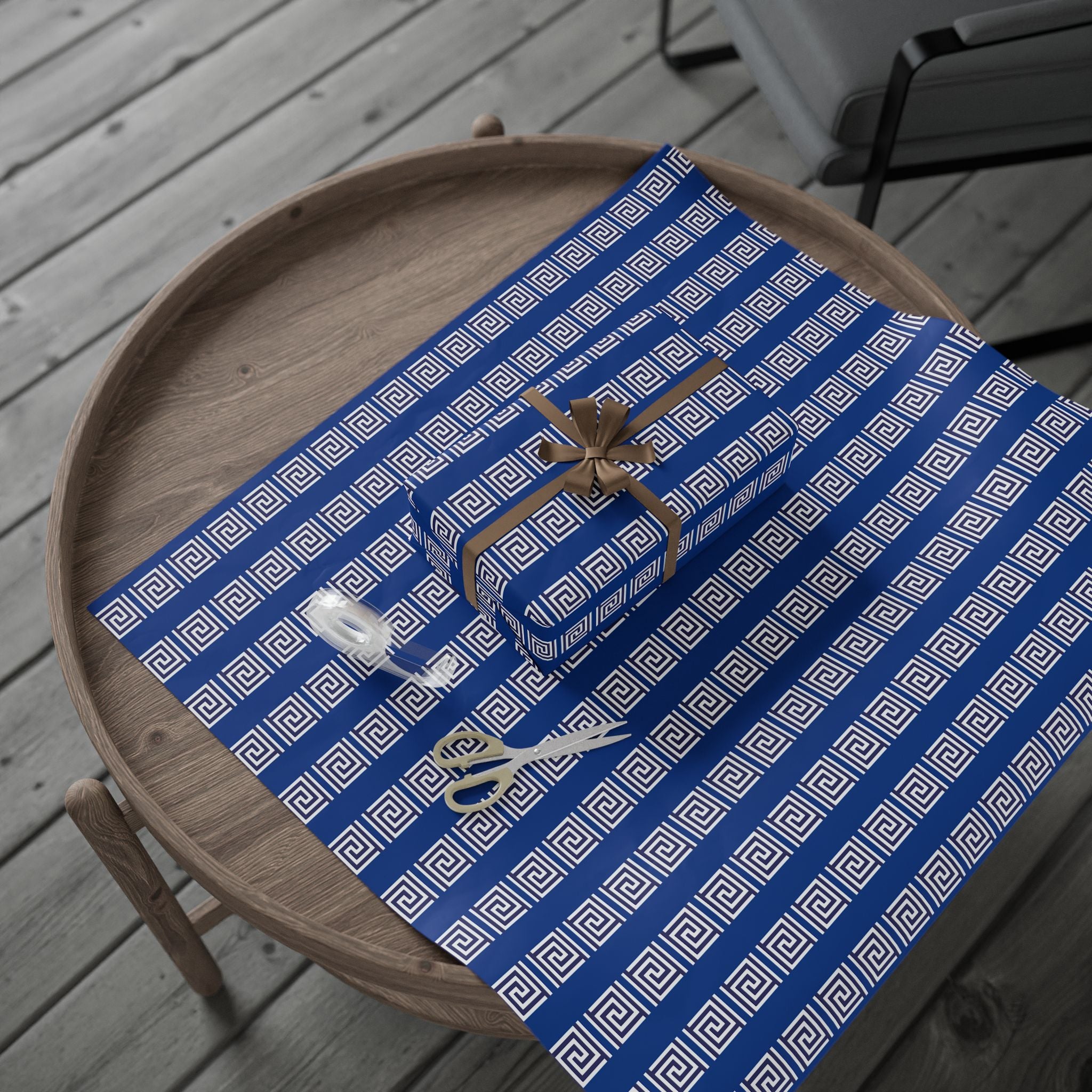 Greek Key Blue Wrapping Paper Roll — Geometric Gift Wrap for Birthdays & Weddings