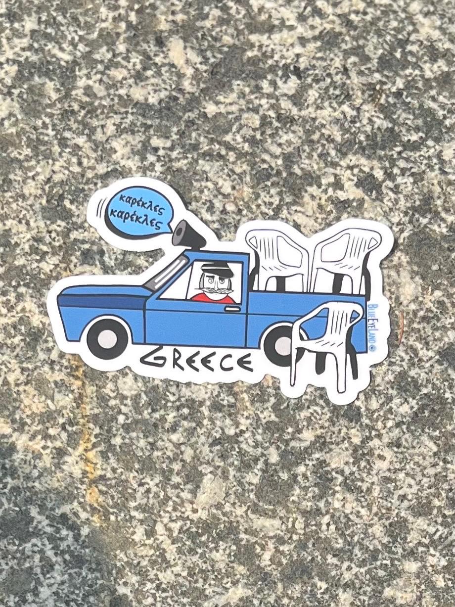 Greek sticker, blue truck, plastic patio chairs