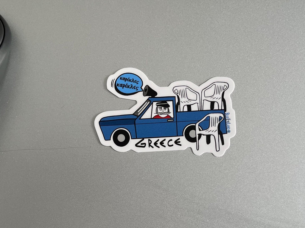 Greek sticker, blue truck, plastic patio chairs
