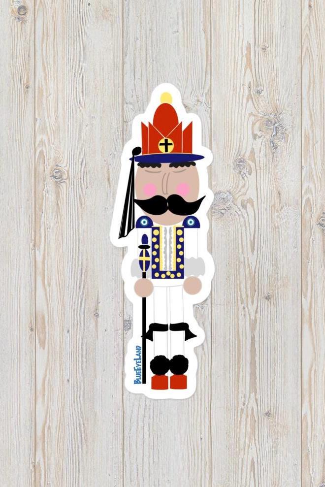 Greek Evzone Nutcracker Sticker, Hand Drawn Soldier Decal (4x2 Inch)