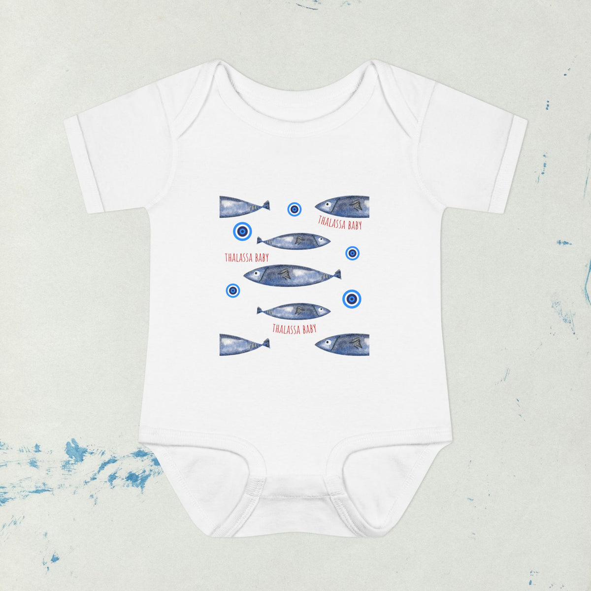 Sardine Pattern Sea print with Mati, evil eye bubbles Infant Bodysuit | Nautical Fish Graphic Baby Onesie