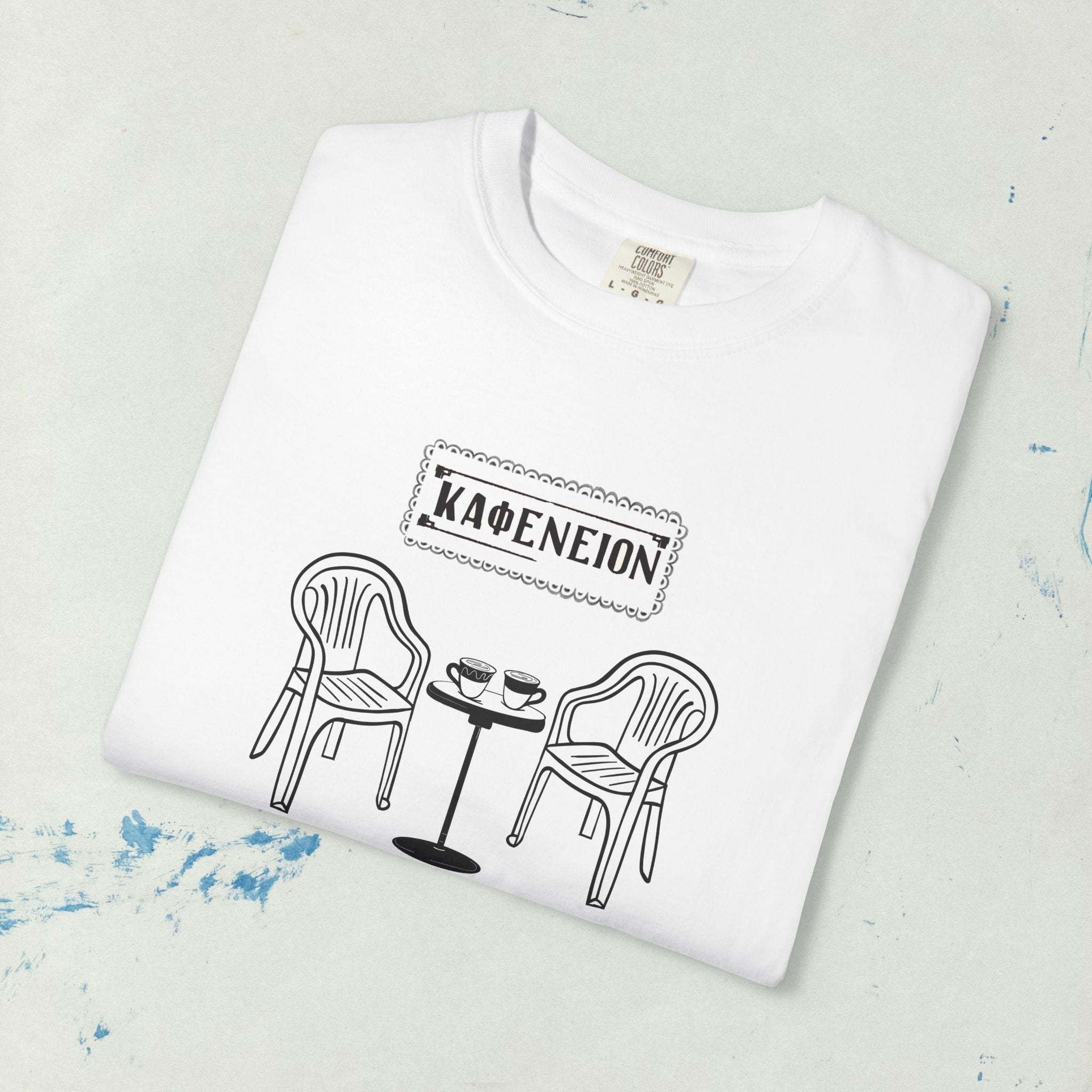 Greek Kafenion Café Illustration T-Shirt | Coffee Table Chairs Back Print