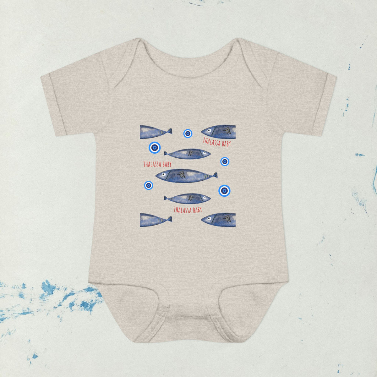 Sardine Pattern Sea print with Mati, evil eye bubbles Infant Bodysuit | Nautical Fish Graphic Baby Onesie