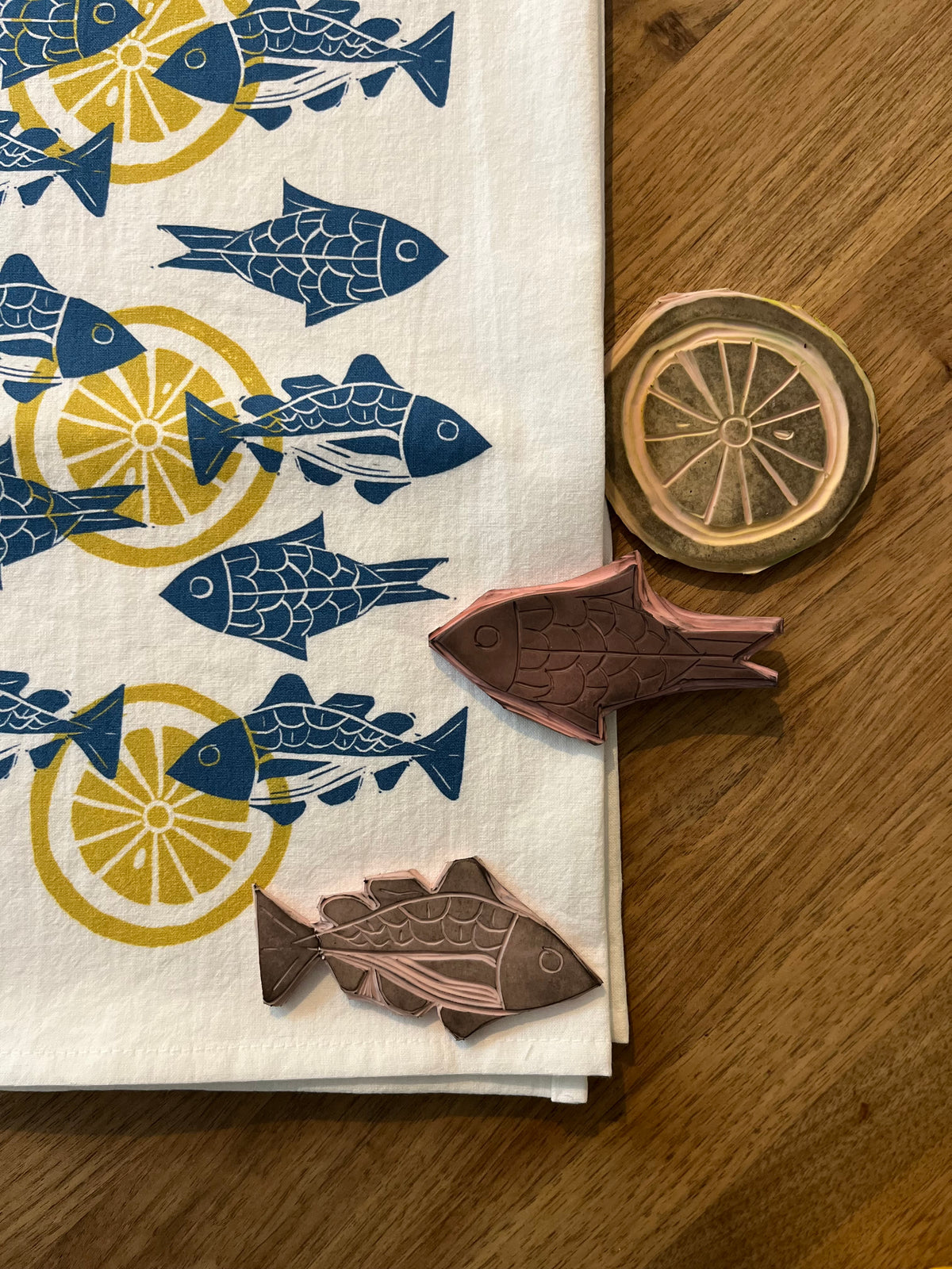 Blue Fish & Lemon Tea Towel - Hand-Carved Linocut