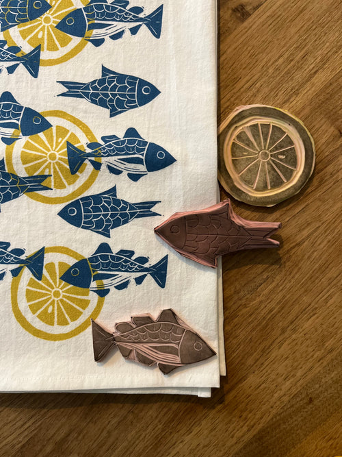 Blue Fish & Lemon Tea Towel - Hand-Carved Linocut