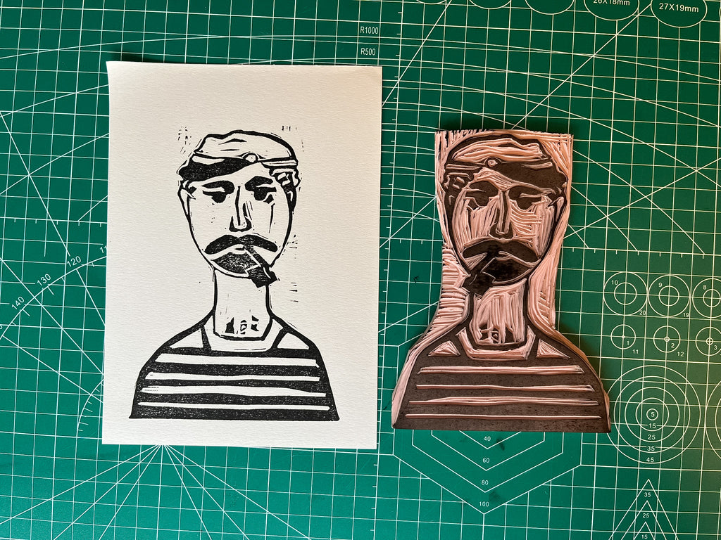 Greek Sailor - Original Linocut / Skiathos Fisherman Portrait / Hand-Carved Block Print