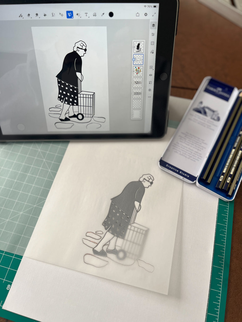 Greek yiayia shopping at farmers market linocut print
