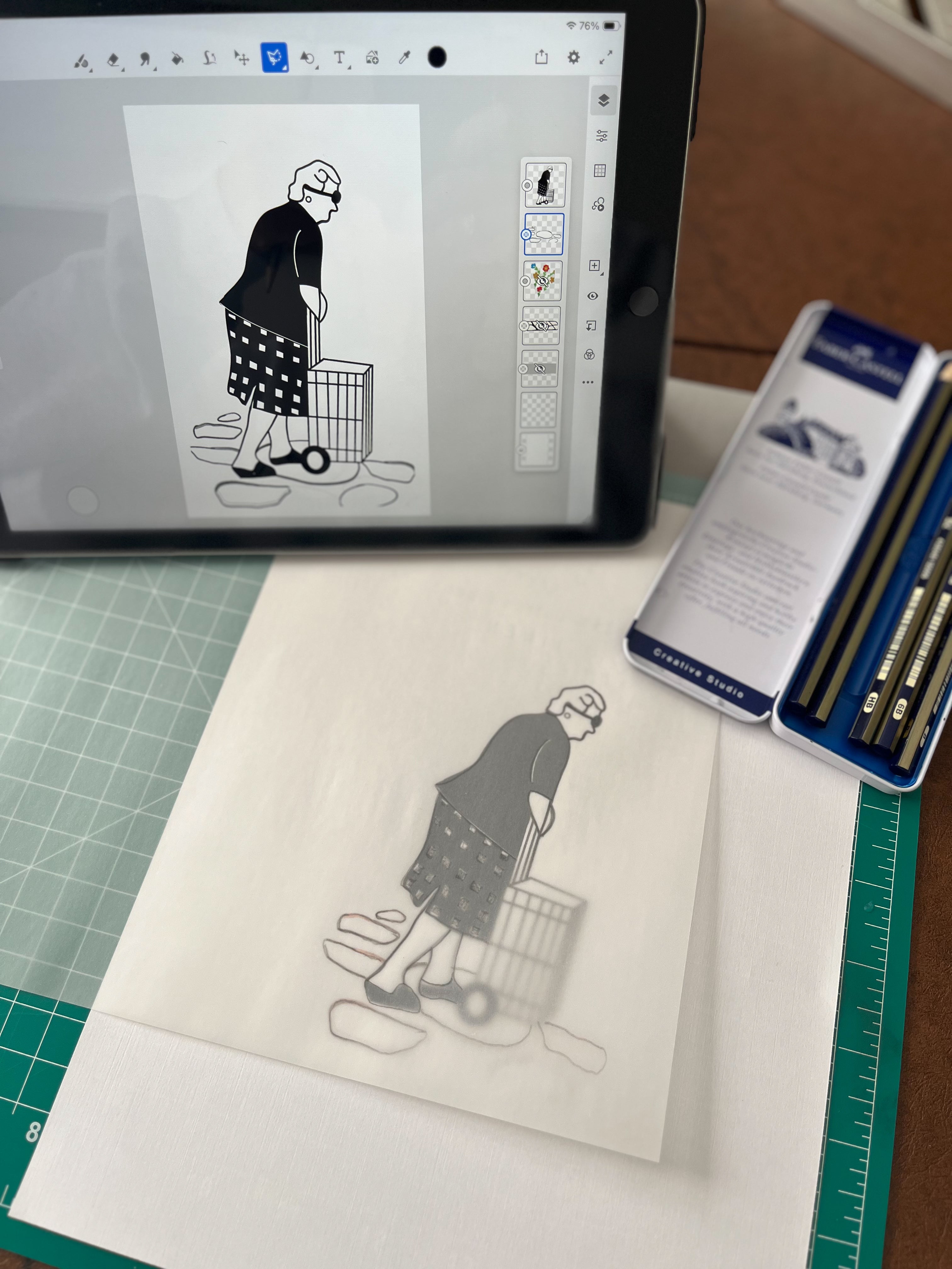 Greek yiayia shopping at farmers market linocut print