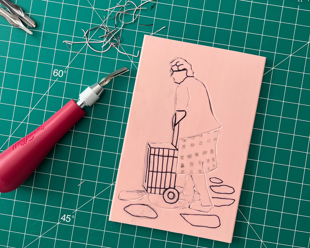 Greek yiayia shopping at farmers market linocut print