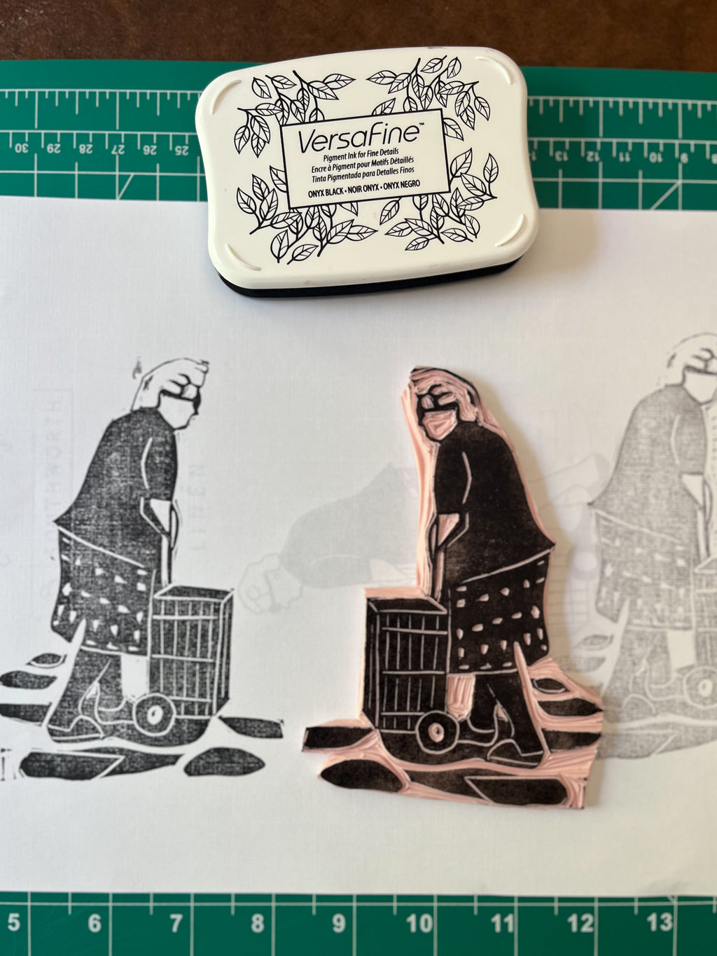 Greek yiayia shopping at farmers market linocut print