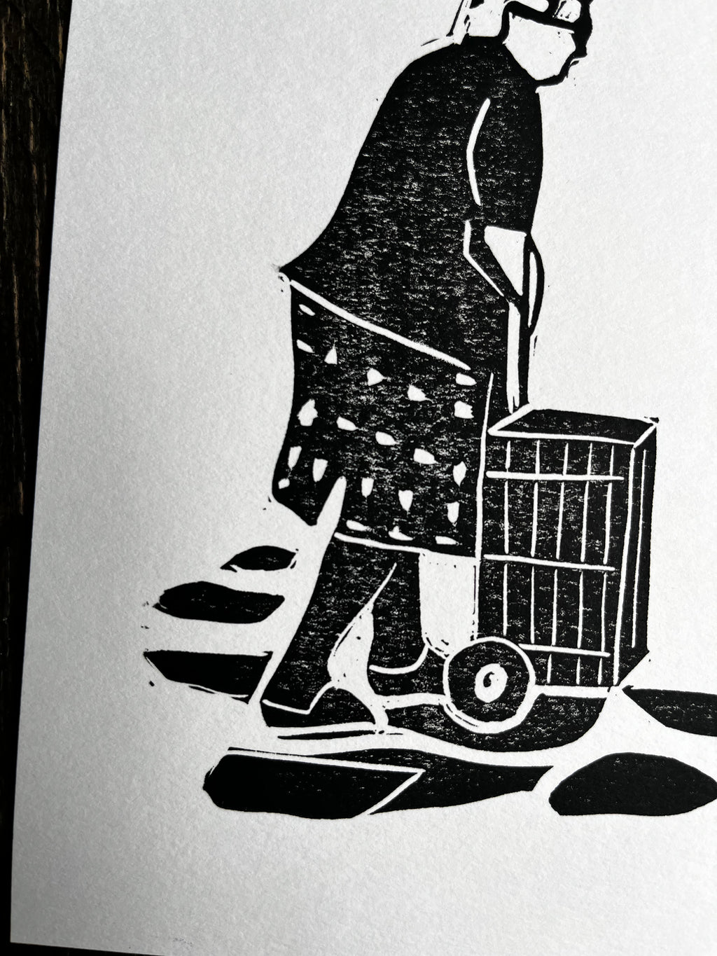 Greek yiayia shopping at farmers market linocut print