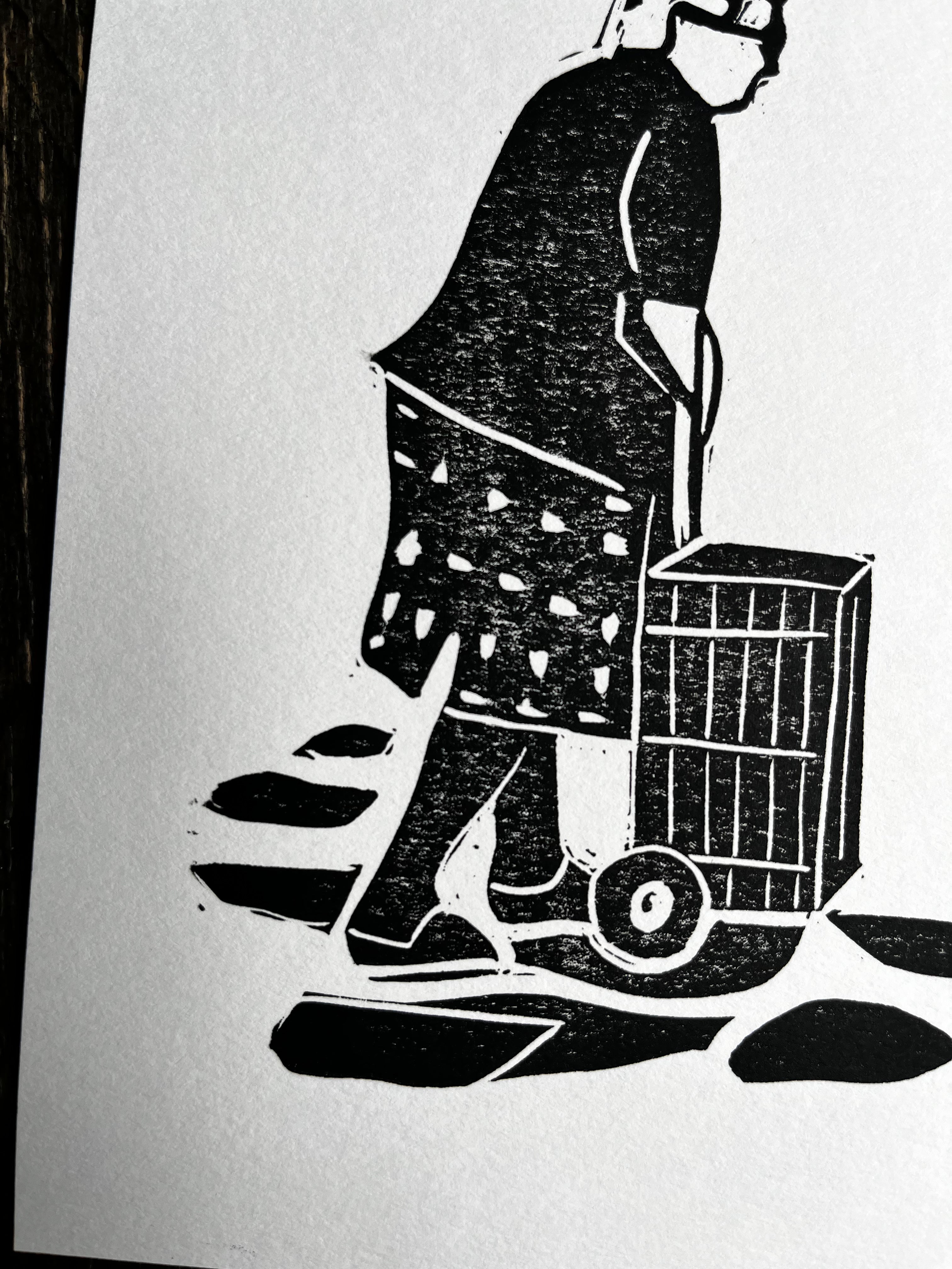 Greek yiayia shopping at farmers market linocut print