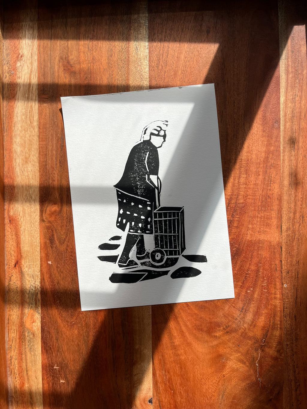 Greek yiayia shopping at farmers market linocut print