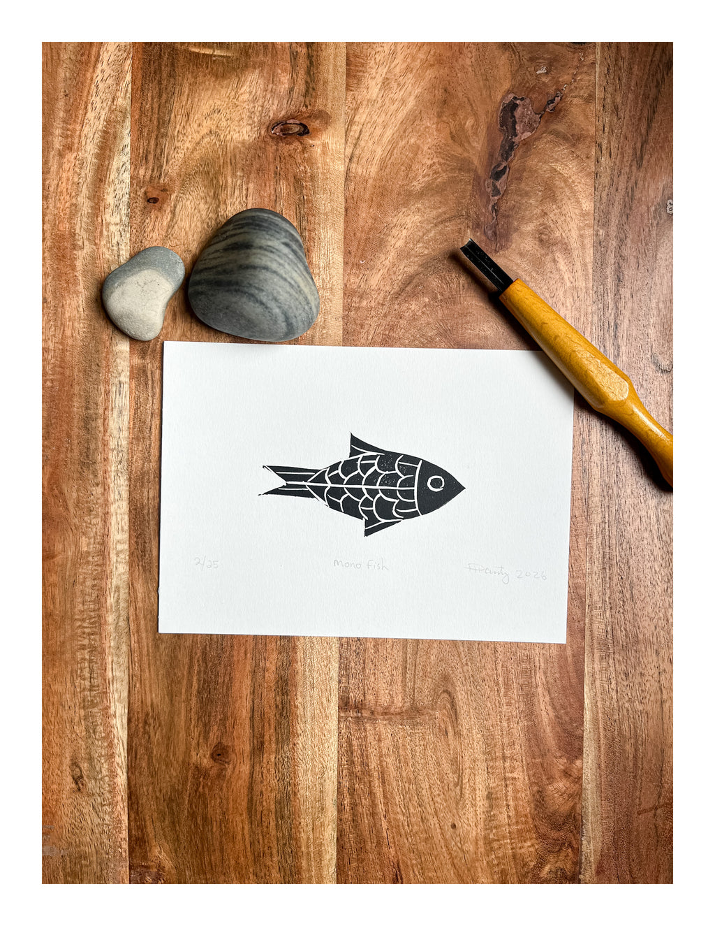 Fish Linocut print, Original hand-pulled block print, minimalist nautical wall decor