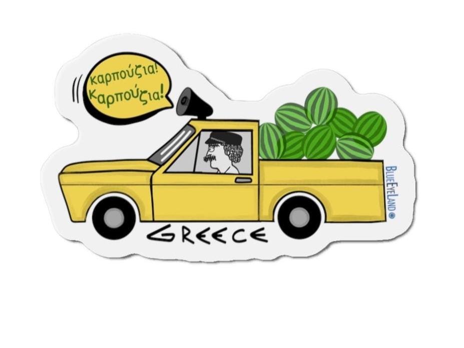 Greek Watermelon Truck Magnet: Mykonos Summer Illustration